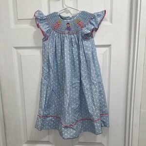 Velani Classic Smocked Blue Polka Dot Dress with Embroidered Ballerinas & Pink